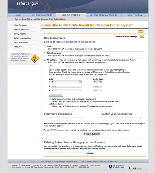 NHTSA Website Recall Email Subscriptions