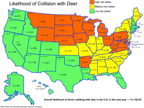 Likelihood of collisions with deer, by state.