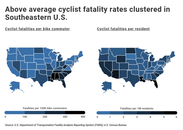 Most Dangerous U.S. Cities for Cyclists Map showing cyclist death rates higher in southeast 