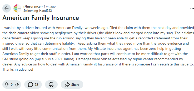 American Family vs. Liberty Mutual Car Insurance: American Family Reddit Review Screenshot