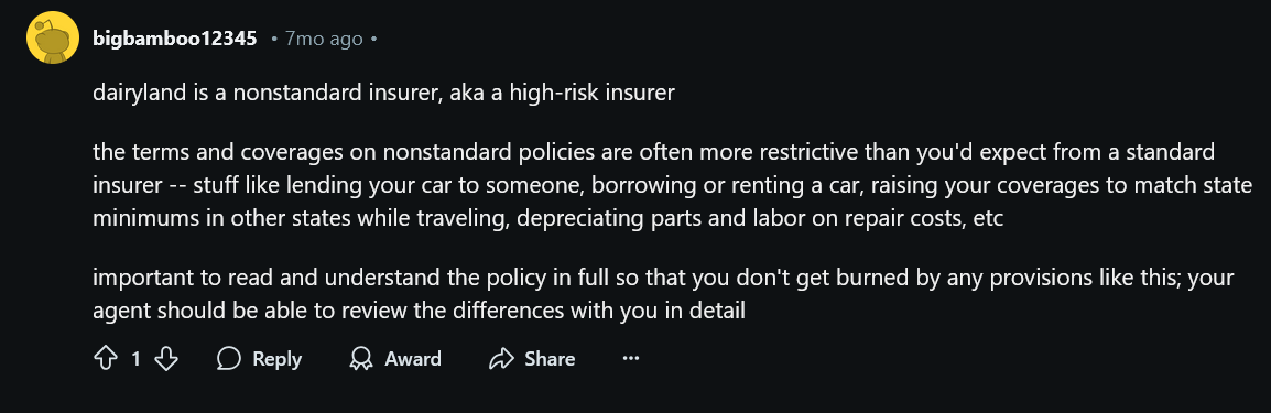 Reddit: Dairyland car insurance review