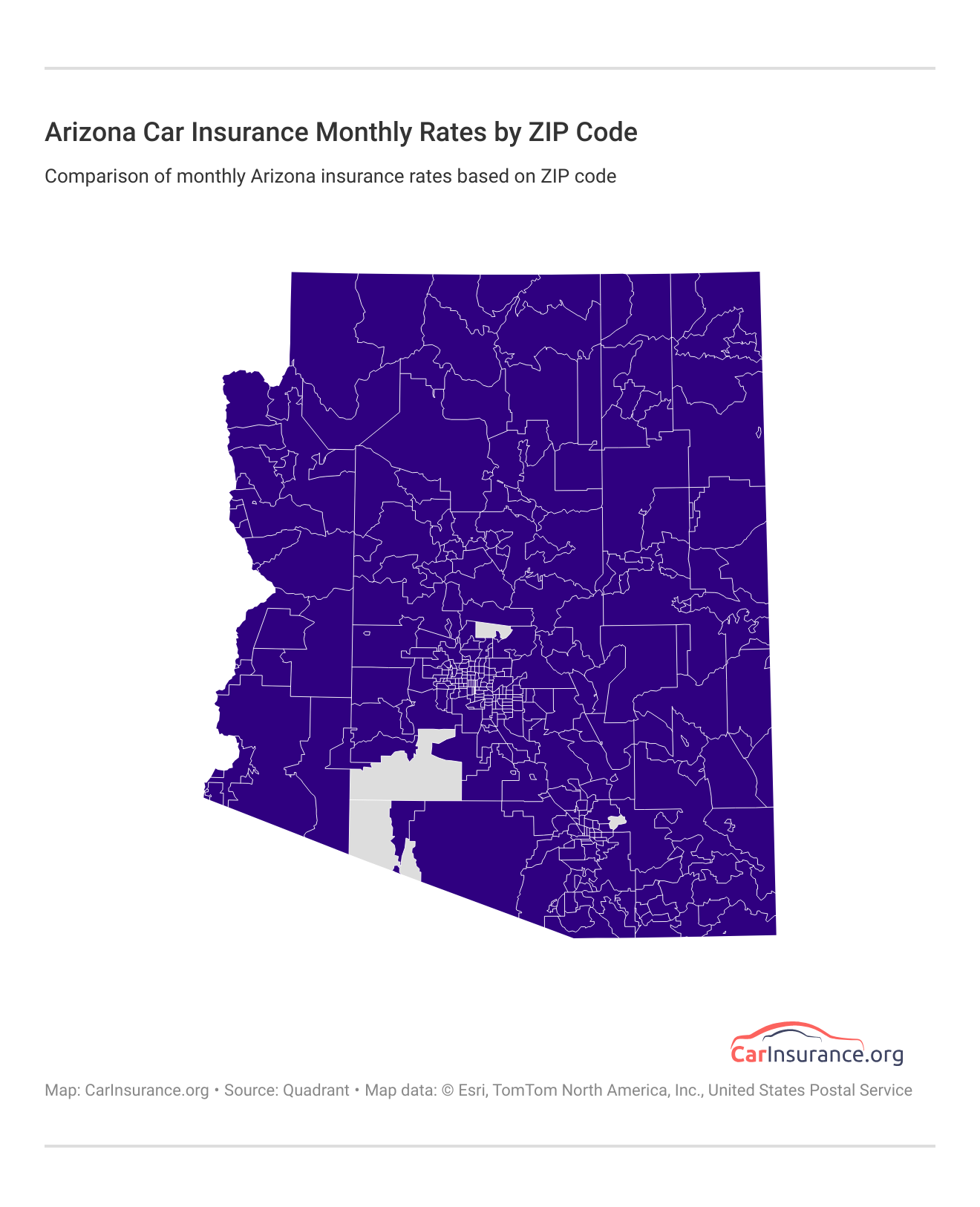 <h3>Arizona Car Insurance Monthly Rates by ZIP Code</h3>