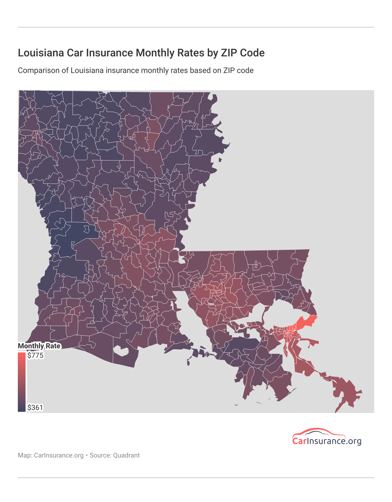 <h3>Louisiana Car Insurance Monthly Rates by ZIP Code</h3>