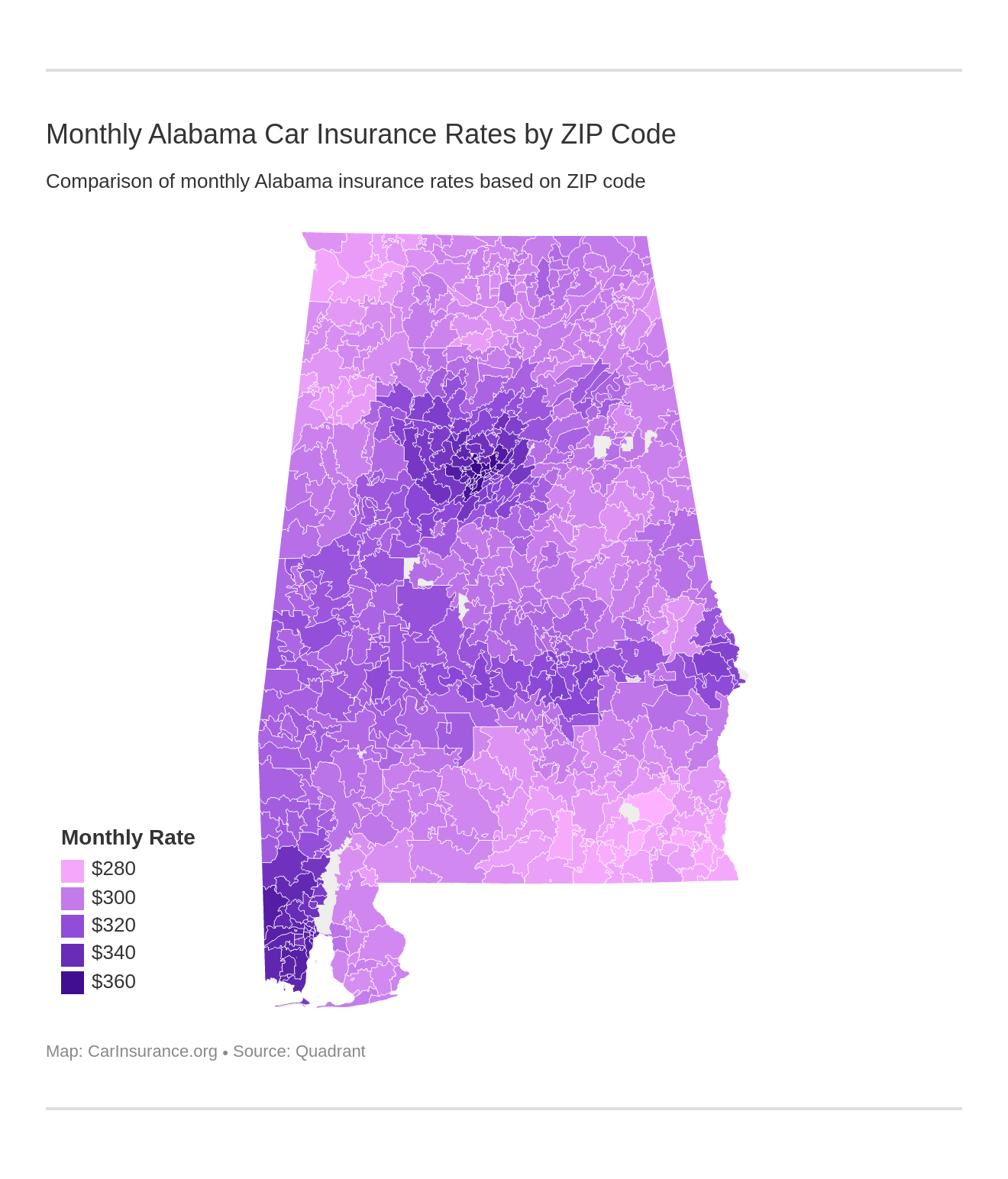 Monthly Alabama Car Insurance Rates by ZIP Code