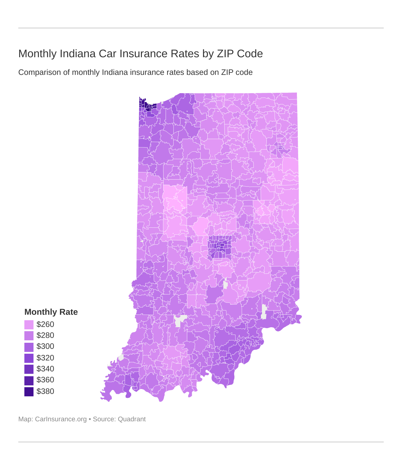 Monthly Indiana Car Insurance Rates by ZIP Code