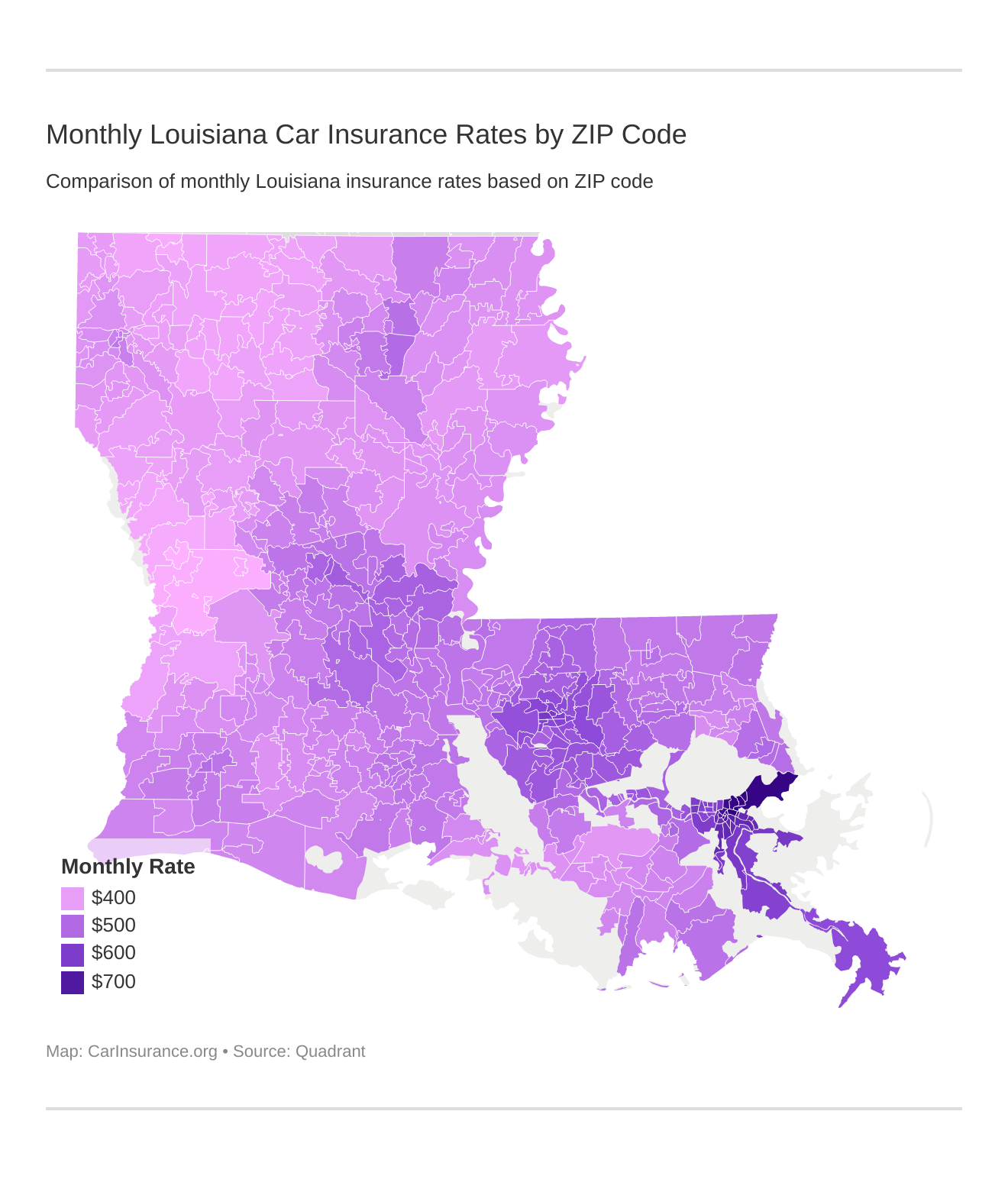 Monthly Louisiana Car Insurance Rates by ZIP Code