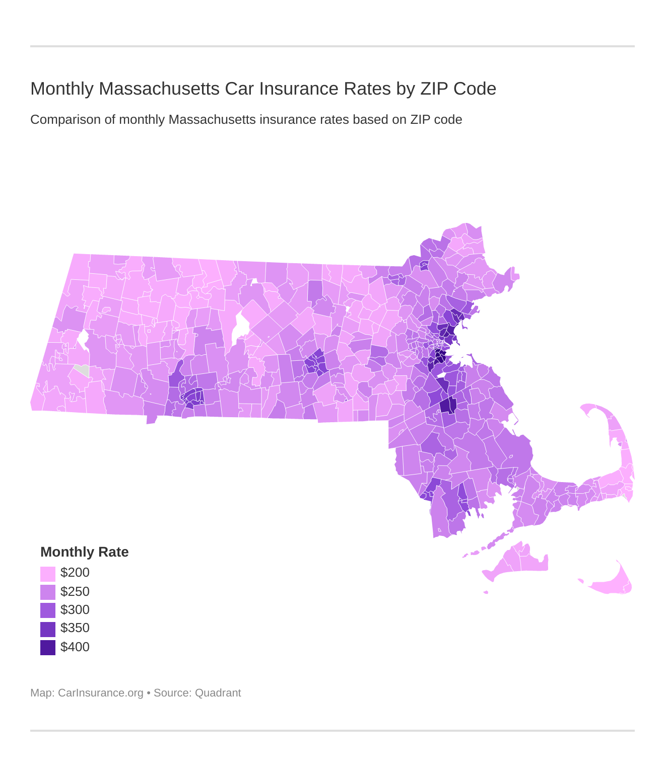 Monthly Massachusetts Car Insurance Rates by ZIP Code