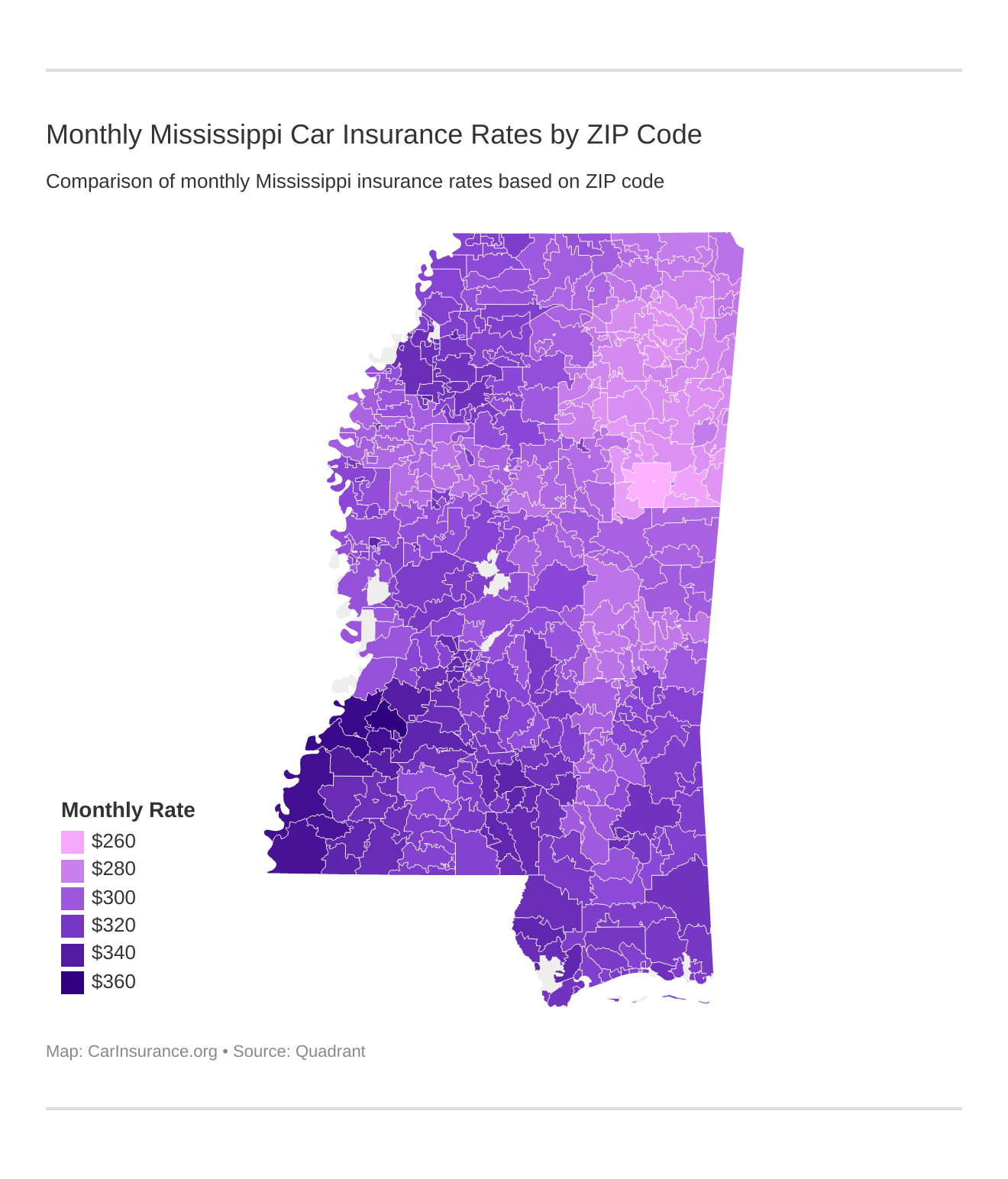 Monthly Mississippi Car Insurance Rates by ZIP Code