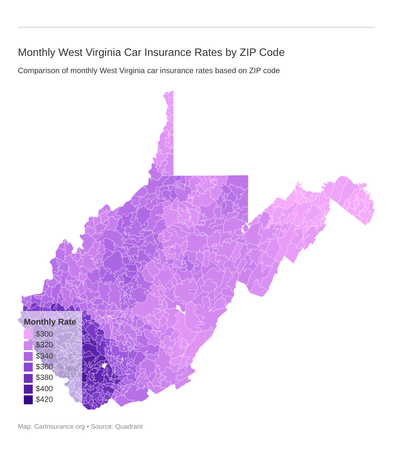 Monthly West Virginia Car Insurance Rates by ZIP Code